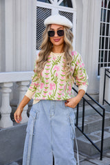 Jacquard Branch Round Neck Flower Sweater