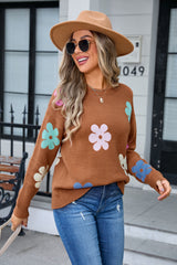 Flower Color Matching Round Neck Sweater