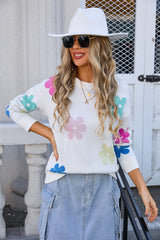 Flower Color Matching Round Neck Sweater