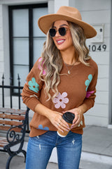 Flower Color Matching Round Neck Sweater