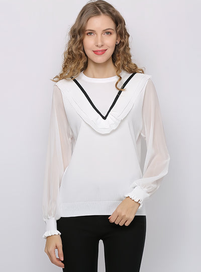 Lotus Leaf Long Sleeve Stitching Contrast Shirt