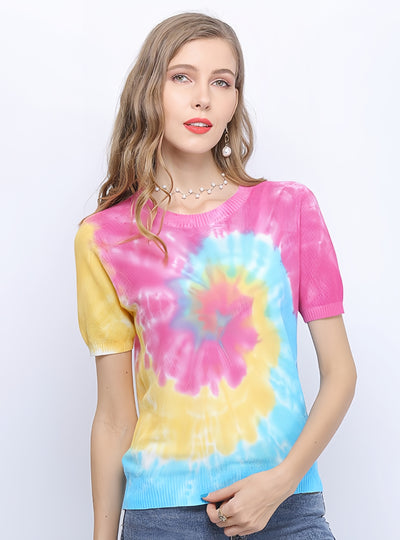 Tie-dyed Short-sleeved Thin Knitted Turtleneck Top