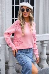 Flower Long Sleeve Round Neck Sweater