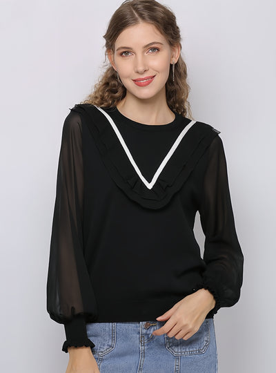 Lotus Leaf Long Sleeve Stitching Contrast Shirt