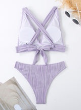 Sexy Solid Color Halter Strap Split Swimsuit