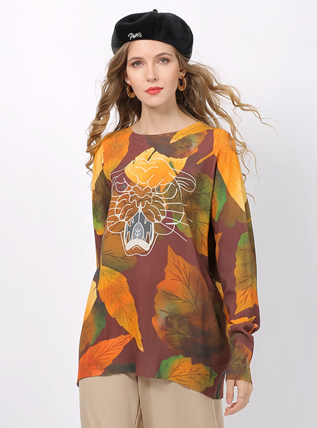 Maple Leaf Tiger Head Print Round Neck Sweater