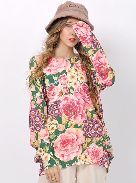 Long Sleeve Flower Print Loose Sweater