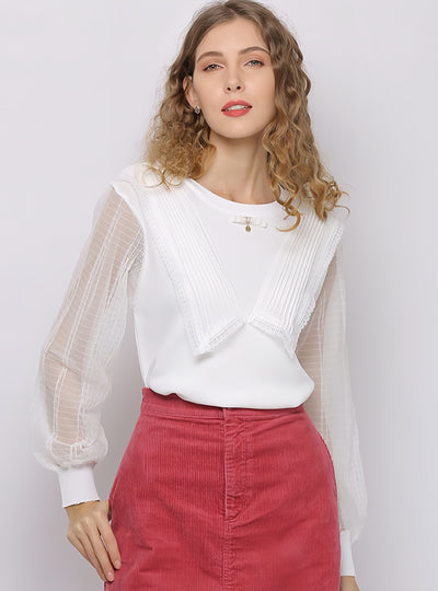 Round Neck Stitching Lace Long Sleeves Shirt