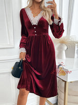 Velvet Lace Stitching Long Sleeve Dress