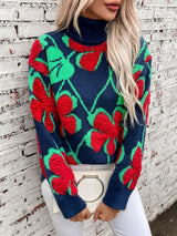 Three-dimensional Flocking Flower Pattern Lapel Sweater