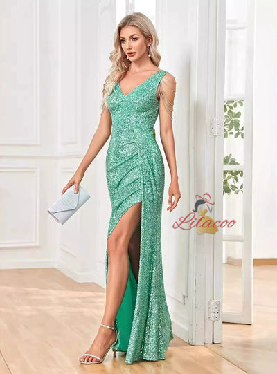 V-neck Sequined Fishtail Slit Evening Dress