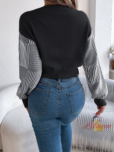 Casual Striped Lantern Sleeve Short Sweater