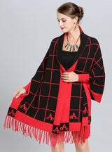 Plaid Tassel Long Knit Cardigan Shawl