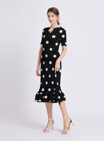 Pleated Polka-dot Ruffled Short-sleeved Dress