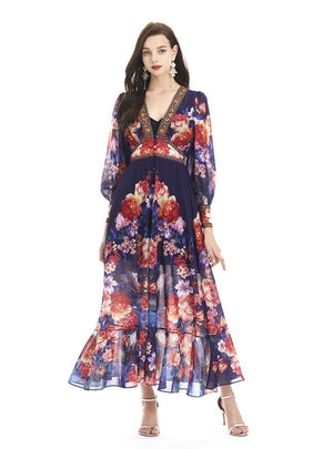 Lantern Sleeve Printed Chiffon Dress