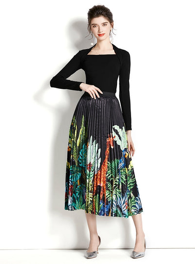 Retro Square Neck Long Sleeve Top+Printed Pleated Skirt Suit