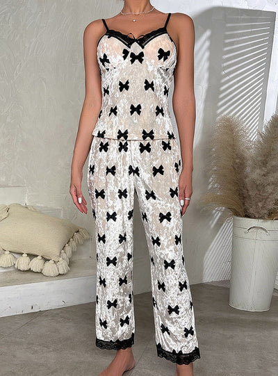 Bow Velvet Lace Printed Sling Set Two-piece Suit