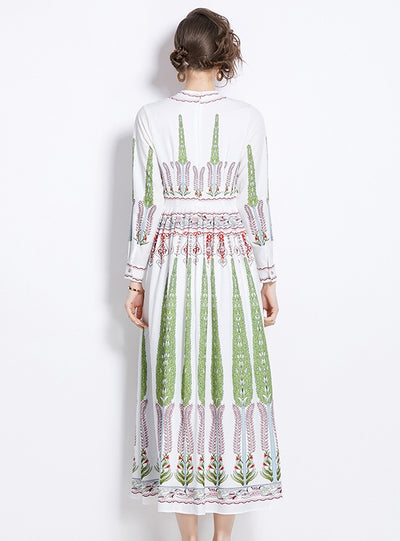 Round Neck Long Sleeve Pleated Printed Dress