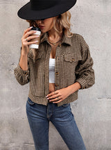 Lapel Long Sleeve Plaid Short Coat