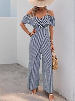 Leisure Suspender Striped Wide-leg Jumpsuit