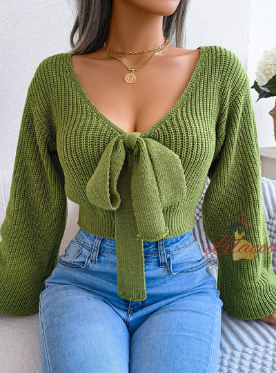 Bow V-neck Lantern Sleeve Navel Sweater