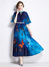 Short-sleeved Beaded Gradient Print Dress