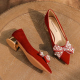 Thick Suede Red Bow High Heels Shoes