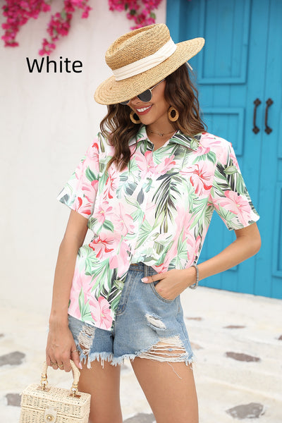 Wrinkled Short Sleeve Pleated Lapel Printed Shirt