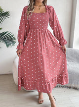 Leisure Square Neck Polka-dot Long Dress