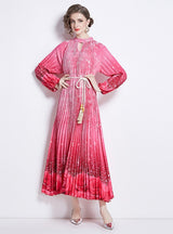 Printed Lantern Sleeve Pleated Belt Dress