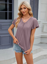 Solid Color Pleated V-neck Short Sleeve T-shirt