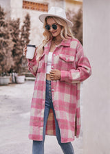 Autumn and Winter Long Plaid Pocket Coat