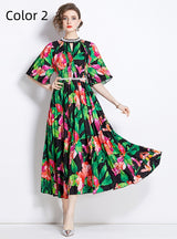 Fashion Beaded Printed Pleated Dress