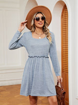 Solid Color Square Neck Long Sleeve Loose Dress