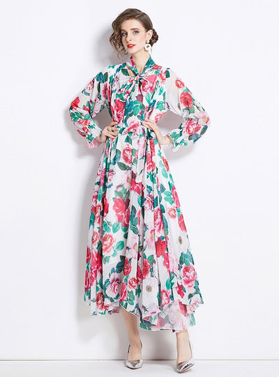 Retro Chiffon Printed Long Sleeve Slim Dress