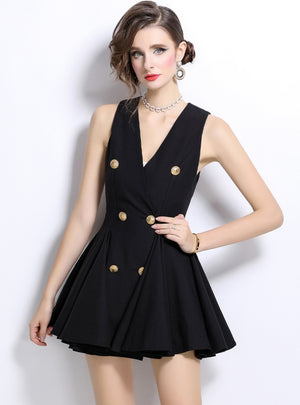 Black V-neck Sleeveless Button Dress