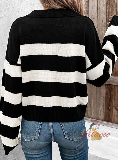 Loose Top Black and White Striped Lapel Sweater