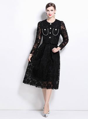 Long Sleeve Lace Skirt Two-piece Suit