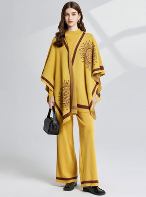 Loose Contrast Shawl+Coat+Wide-leg Pants Suit