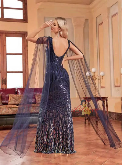 Navy Blue Mermaid Sequins Backless Prom Dress