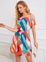 Color Single Diagonal Shoulder Print Dress