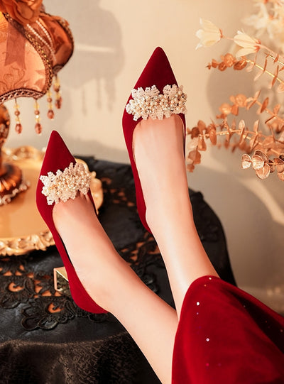 Red Thick Heels Beads Wedding Shoes