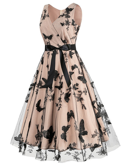 V-neck Belt Sleeveless Retro Butterfly Dress