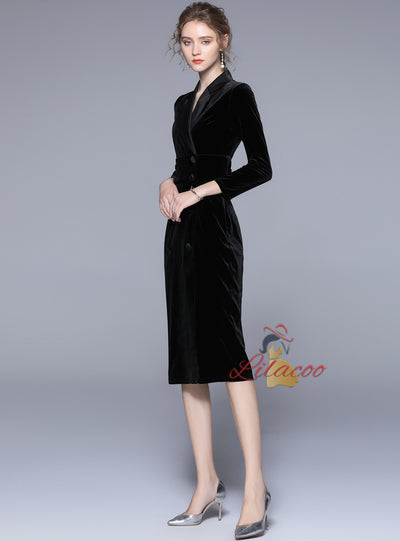 Velvet Long Sleeve Slim Mid-length Dress