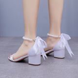 5 cm Square Heel Beaded Ribbon Sandals