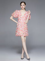 V-neck Short-sleeved Colorful Gauze Flower Dress