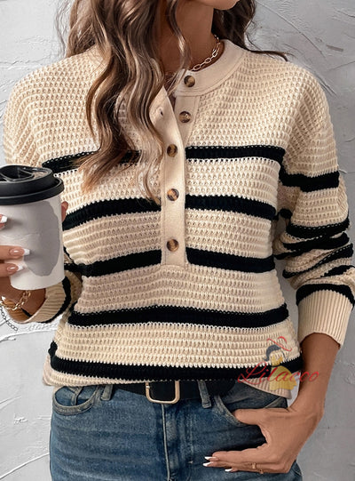 Women Striped Contrast Button Sweater