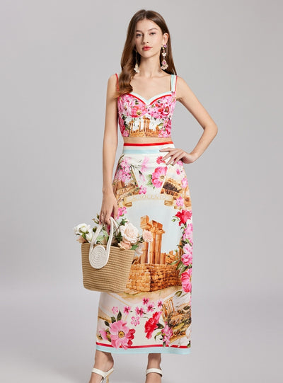 Summer Printed Splicing Sling+Skirt Two-piece Set