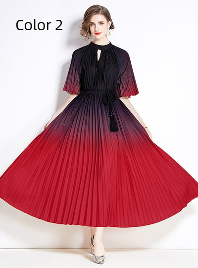 Fashion Gradient Print Pleated Long Dress