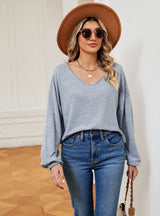 Solid Color V-neck Short Long Sleeve T-shirt